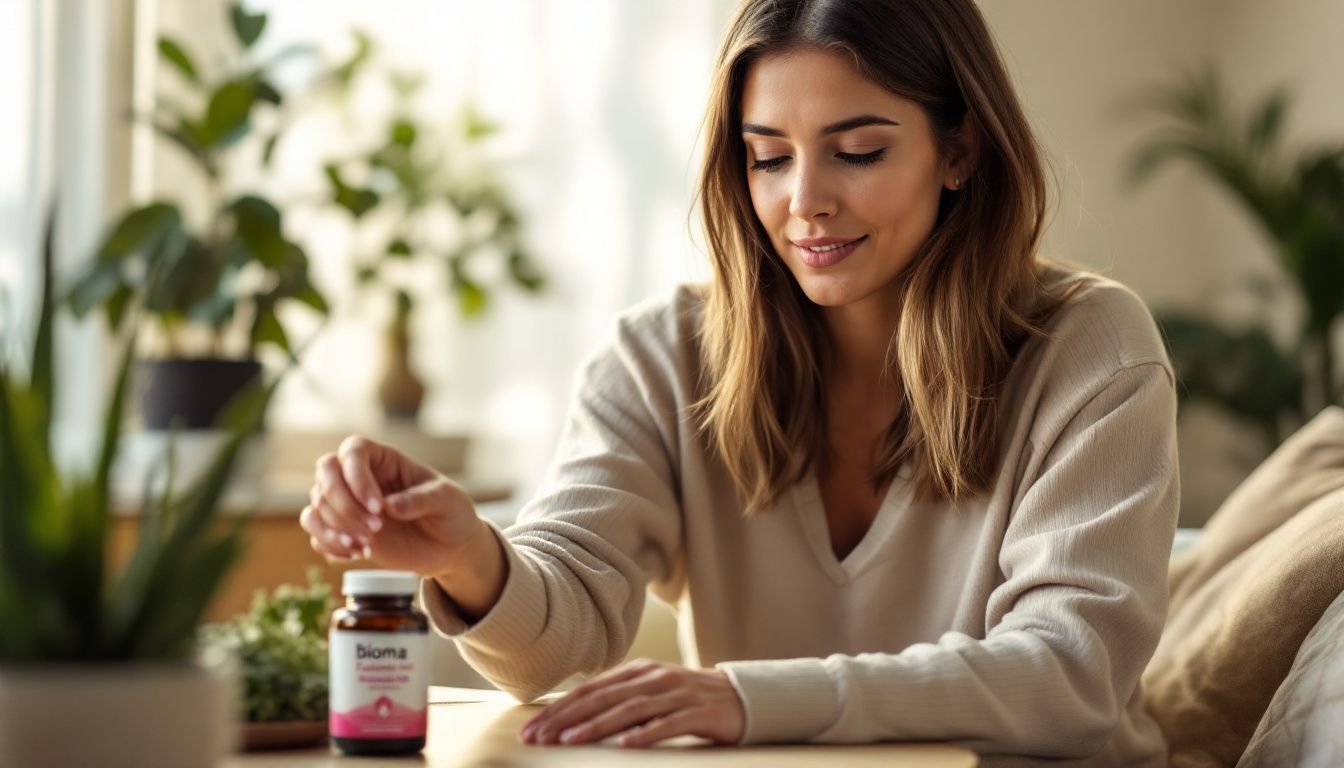 A woman in a relaxed home setting reaching for health supplements.