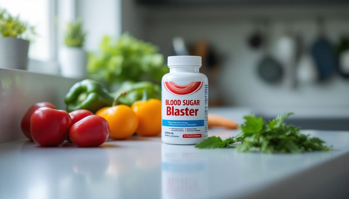 A bottle of Blood Sugar Blaster supplement next to fresh produce.