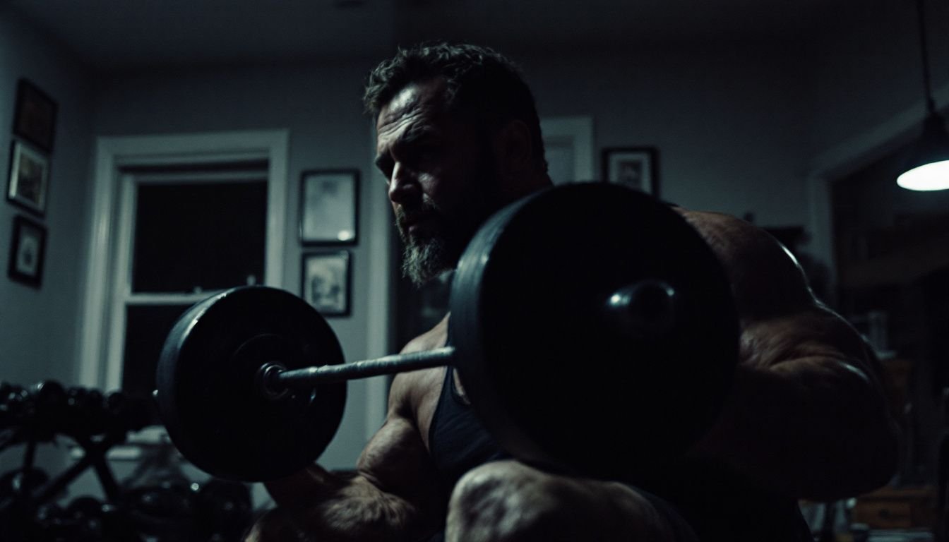 A middle-aged man is working out in a home gym using D Bal Max supplement.