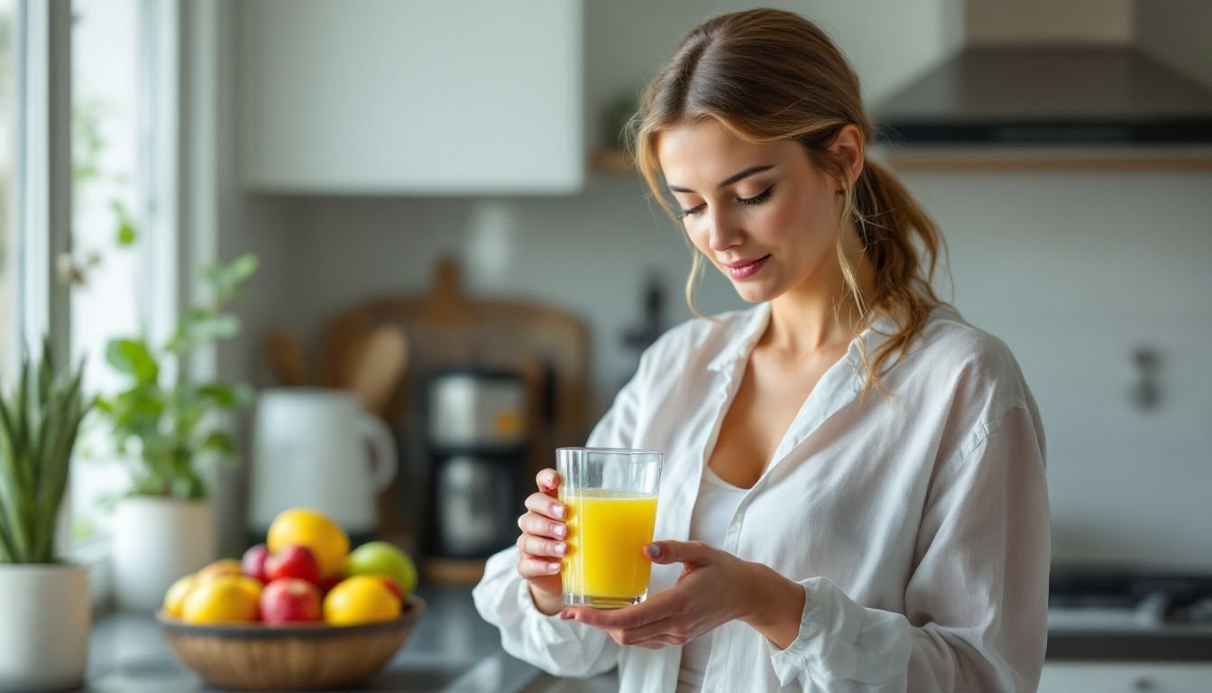 A woman in her 30s preparing a glass of Electroslim powdered supplement.