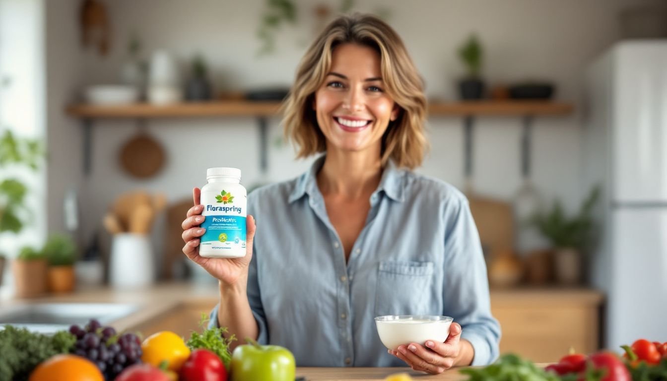 A woman smiles in a kitchen with Floraspring probiotic supplement.