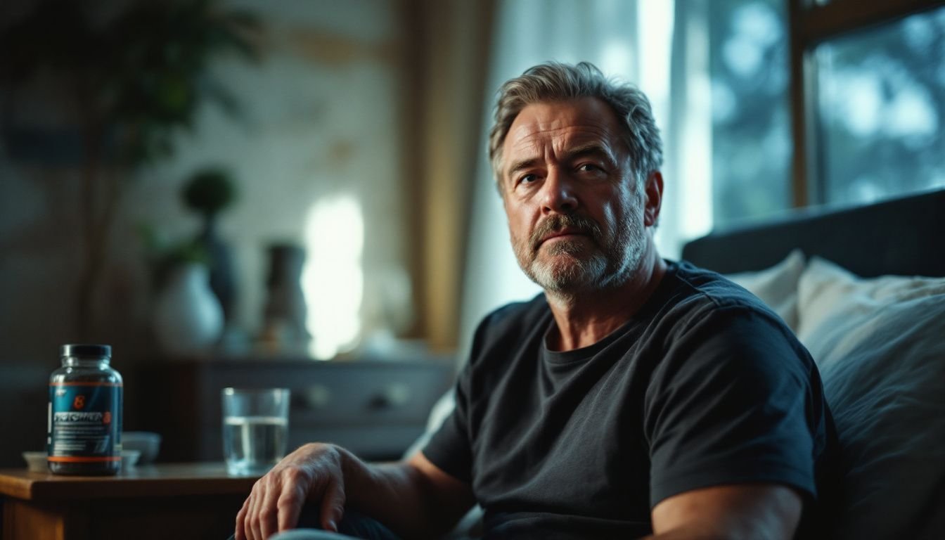 A man in his 40s sitting in a cozy bedroom with supplement pills.