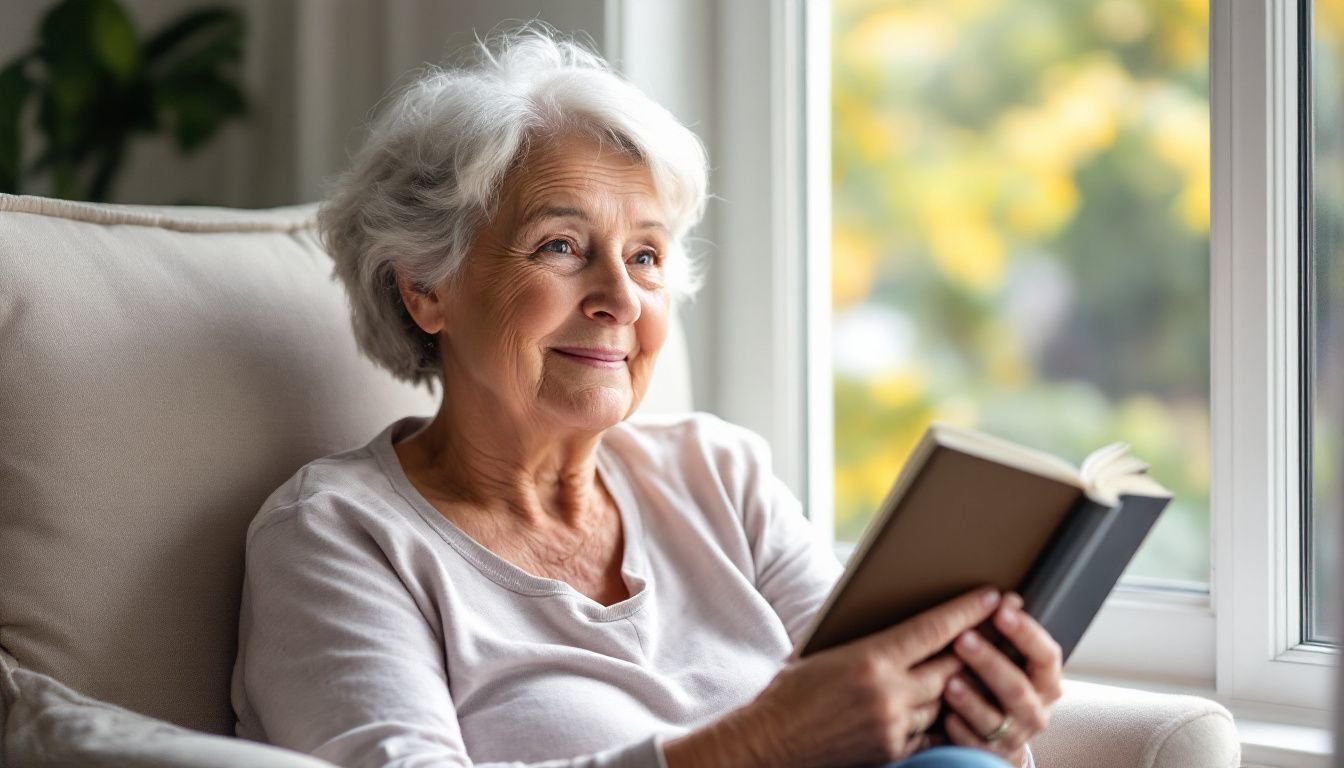 An older woman sitting by a sunny window holding VisiPrime and a book.